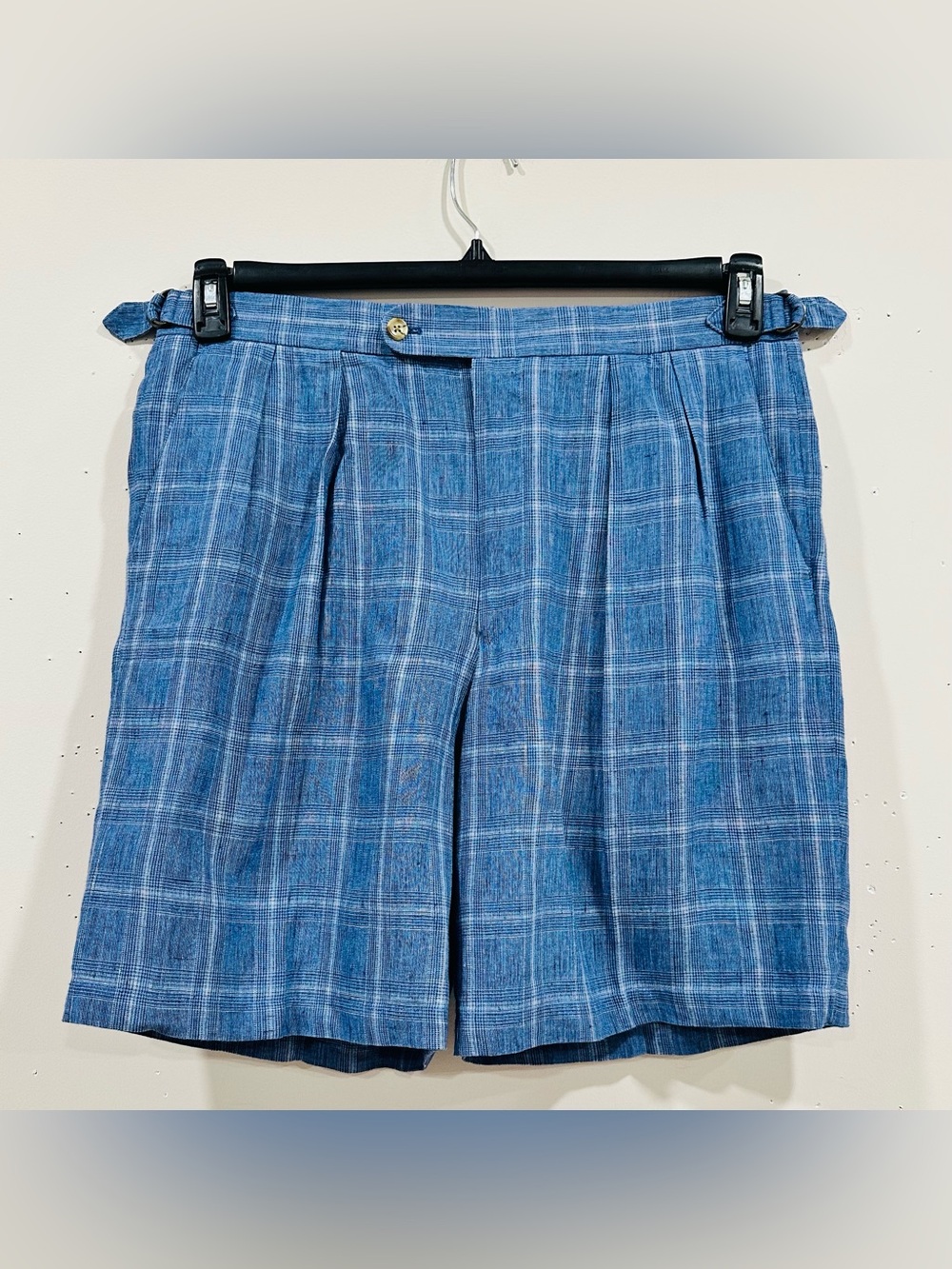Peter Millar Shorts Mens 35 Blue Plaid 100% Linen Pleated Side Buckles Golf 8"